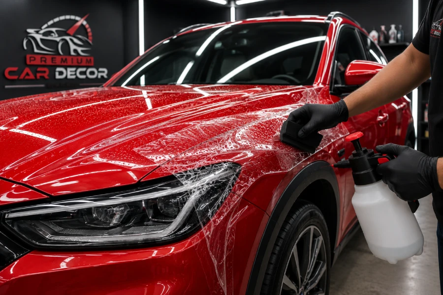 Red car getting PPF coating in wakad pune by premium car decor